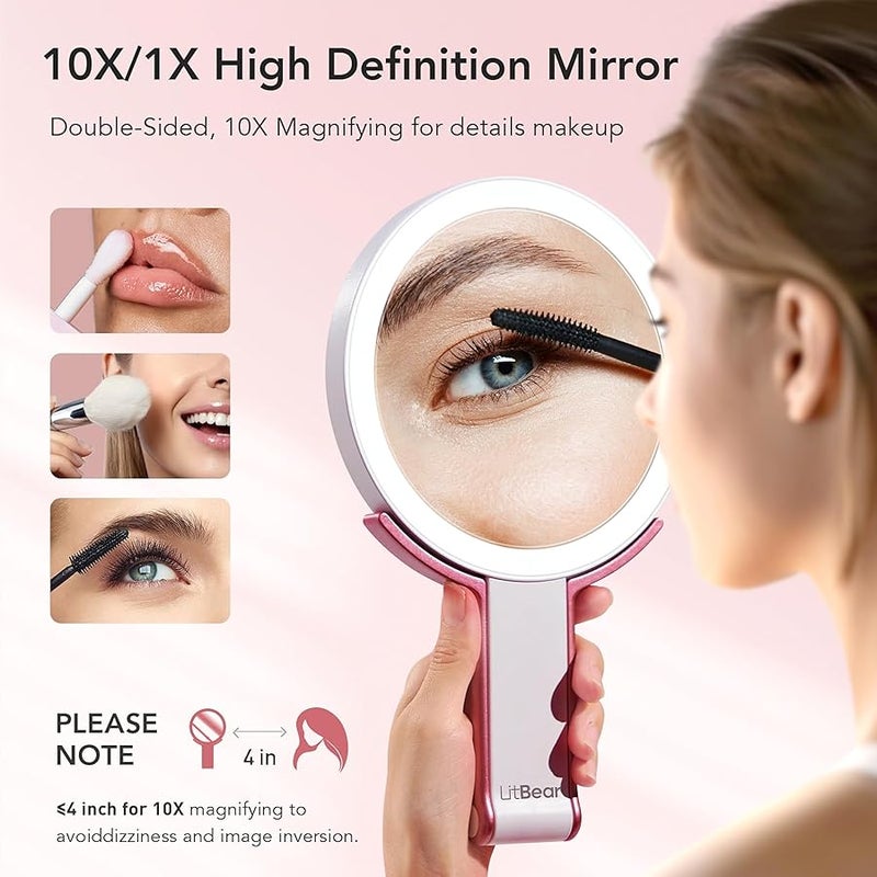 LitBear Travel Makeup Mirror With Lights, Rechargeable Double Sided 10X/1X Magnifying, Portable Lighted Beauty, 3 Color Lighting, Dimmable Touch Screen, Tabletop Handhold Hanging (White) - Image 3