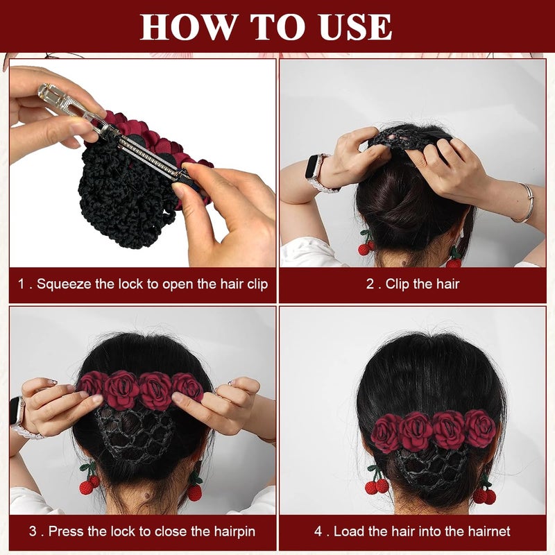 M'AYCREATE MAYCREATE® Women Hair Clip With Flower Bun Net for Work, Daily Use, Dancer, Nurse, etc (Red) - Image 4