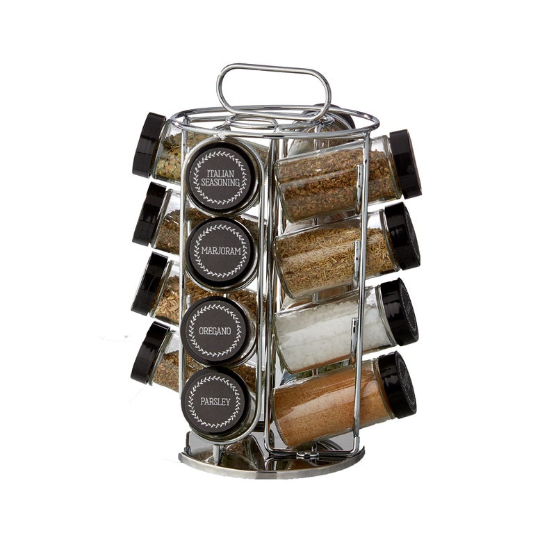 Kamenstein 16 Jar Montauk Revolving Countertop Spice Rack Organizer with Spices Included FREE Spice Refills for 5 Years Chrome with Black Caps