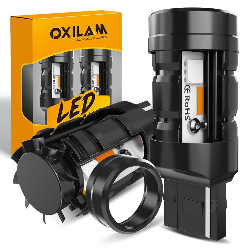 مصباح LED OXILAM 2026 المطور 7443 7440 باللون الكهرماني مع مروحة خالي من أخطاء CANBUS 4000LM 600 أكثر سطوعًا ضوء إشارة الانعطاف مضاد لوميض سريع T20 7441 W21W WY21W 7440NA بديل لمصباح الومض 2 حزمة