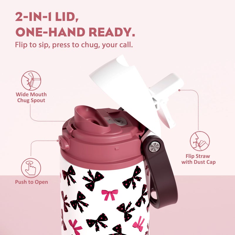 POWCAN 24 oz Insulated Water Bottle with Straw: 2-in-1 Push-Button Spout & Quick-Flip Straw, Leakproof, Cold 24Hrs, Fits Car Cup Holder, Stainless Sports Bottle for Gym, Travel Gift (Pretty in Bows) - Image 2