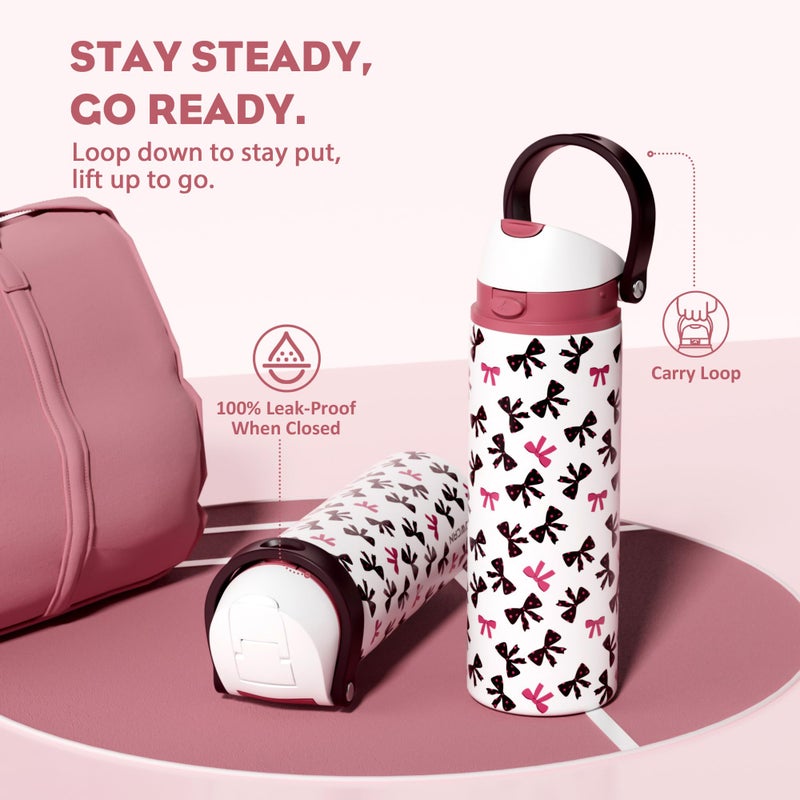 POWCAN 24 oz Insulated Water Bottle with Straw: 2-in-1 Push-Button Spout & Quick-Flip Straw, Leakproof, Cold 24Hrs, Fits Car Cup Holder, Stainless Sports Bottle for Gym, Travel Gift (Pretty in Bows) - Image 4