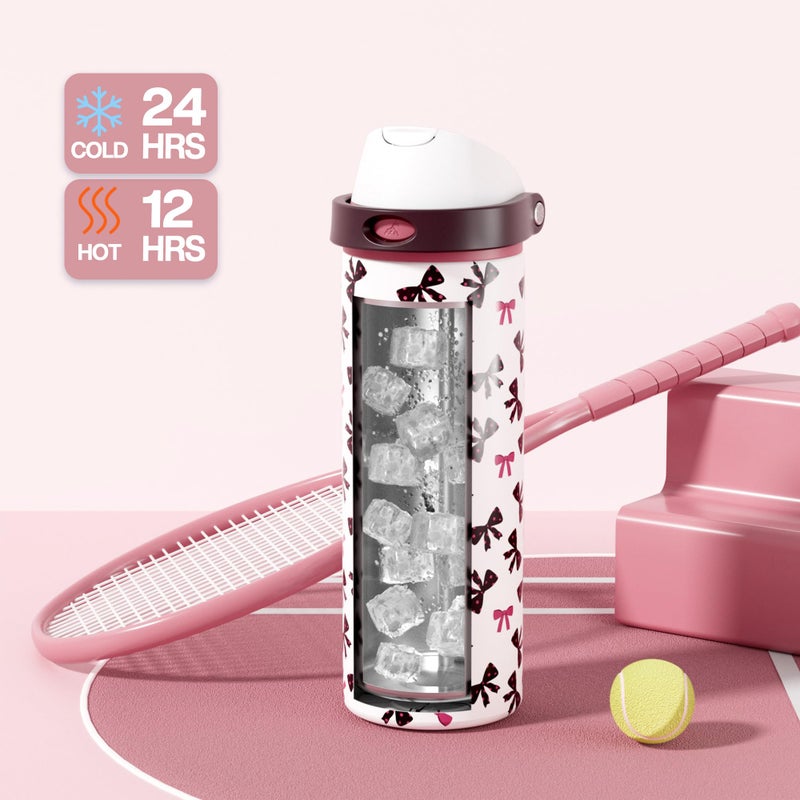 POWCAN 24 oz Insulated Water Bottle with Straw: 2-in-1 Push-Button Spout & Quick-Flip Straw, Leakproof, Cold 24Hrs, Fits Car Cup Holder, Stainless Sports Bottle for Gym, Travel Gift (Pretty in Bows) - Image 3