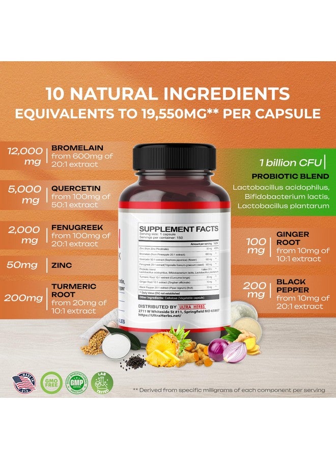 أعشاب فائقة مكمل بروميلين 19,550 مجم مع كيرسيتين، زنك، حلبة، كركم، زنجبيل، فلفل أسود وبروبيوتيك - يدعم الهضم، صحة المفاصل وامتصاص العناصر الغذائية | 150 كبسولة - Image 3