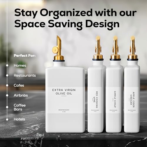 Brighter Barns White Glass Olive Oil Dispenser Bottle for Kitchen by Brighter Barns Avocado Oil Dispenser Set Vanilla Syrup Bottle Modern Decor Gold Kitchen Accessories for Airbnb Cafe WhiteGold Set of 2 - Image 3