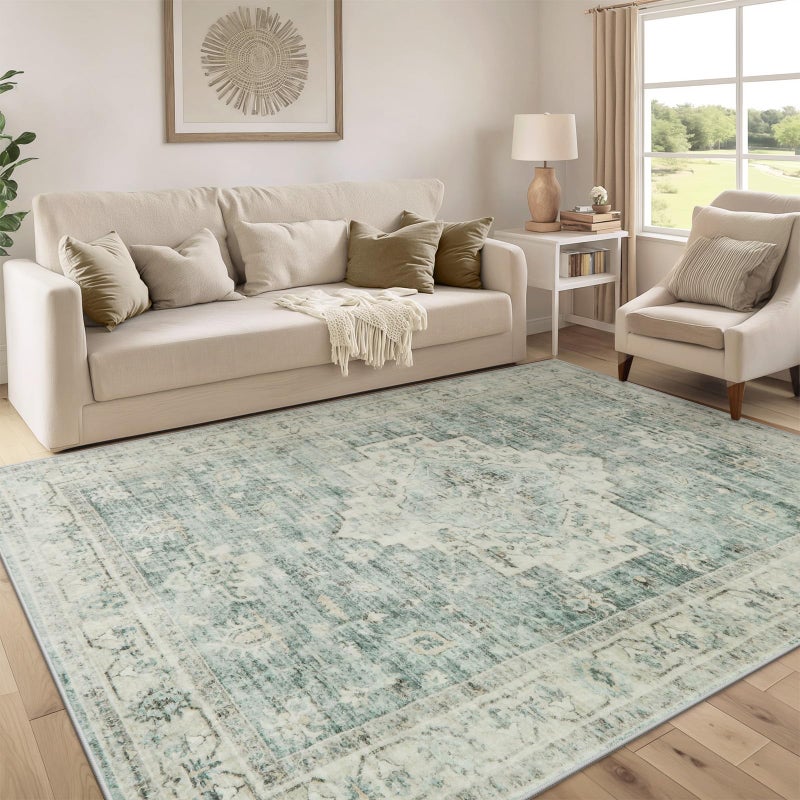 LIVEBOX Washable Area Rug 5x7 Rugs for Living Room Bedroom, Non-Slip Boho Indoor Carpet for Dining Room Office, Low-Pile Farmhouse Soft Carpets for Kids Nursery Playroom, Sage Green - Image 1