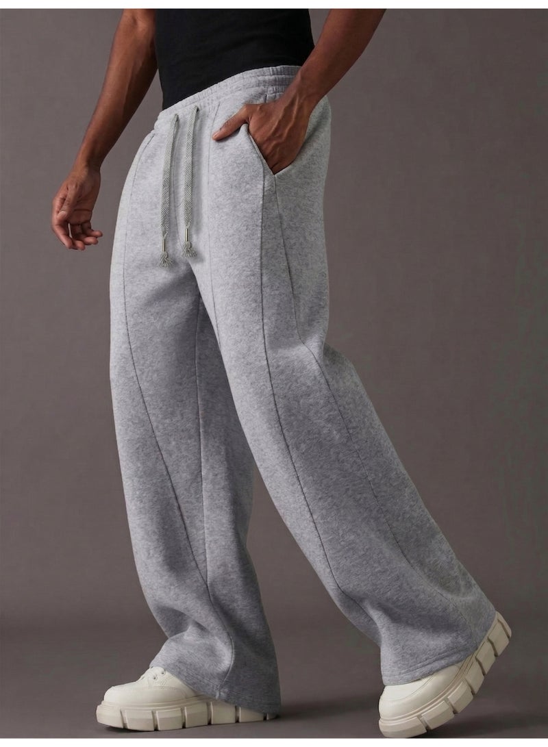 Men's Y2K Streetwear Wide Leg Sweatpants Grey Elastic Waist Drawstring Baggy Joggers Casual Lounge Pants - Image 1