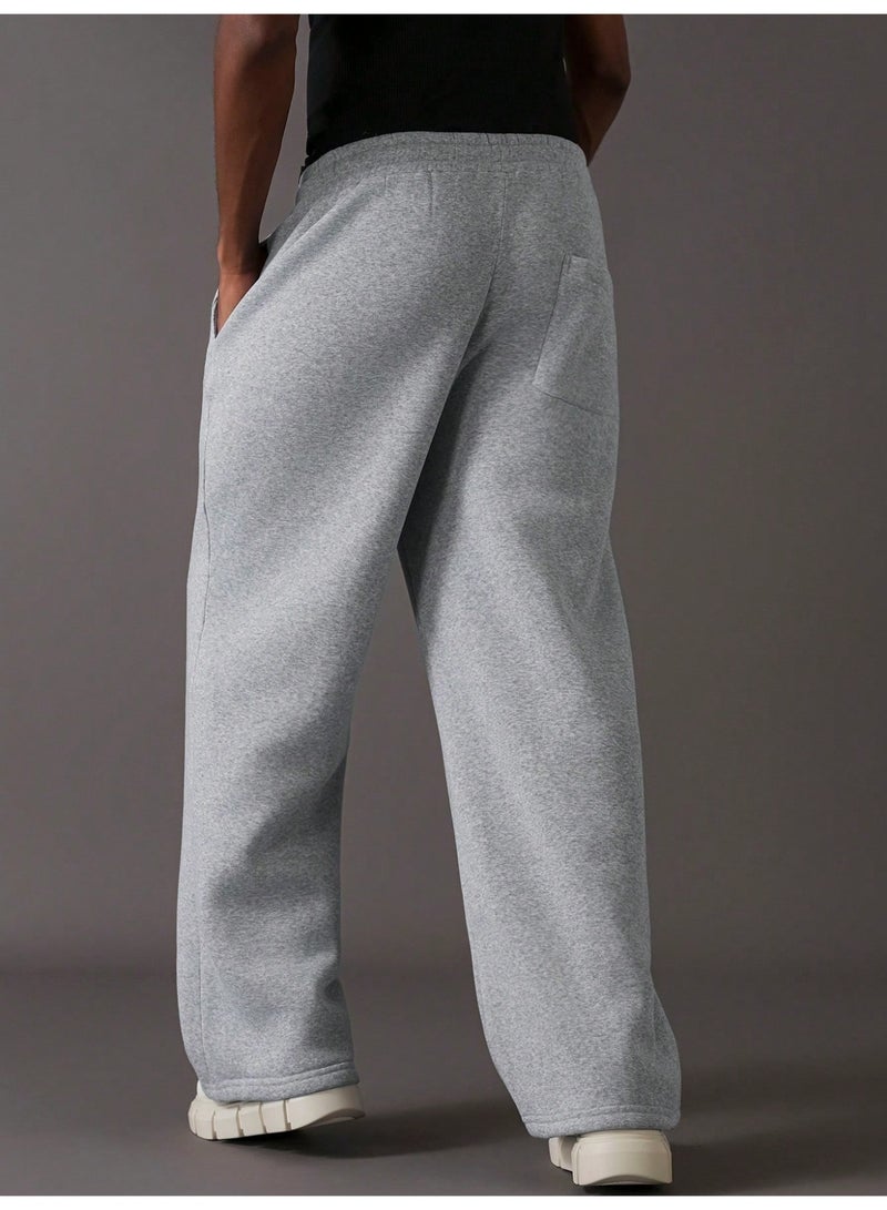Men's Y2K Streetwear Wide Leg Sweatpants Grey Elastic Waist Drawstring Baggy Joggers Casual Lounge Pants - Image 4