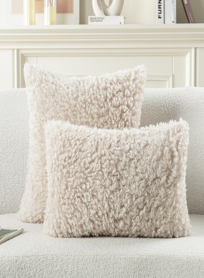 FUTEI Beige Decorative Throw Pillow Covers 18x18 Inch Set of 2,Soft Fluffy Faux Wool Fur Boucle Textured Cushion Case,Modern Home Decor for Couch Bed Living Room Office - Image 5