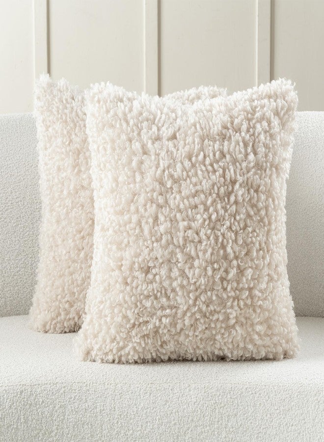 FUTEI Beige Decorative Throw Pillow Covers 18x18 Inch Set of 2,Soft Fluffy Faux Wool Fur Boucle Textured Cushion Case,Modern Home Decor for Couch Bed Living Room Office - Image 1