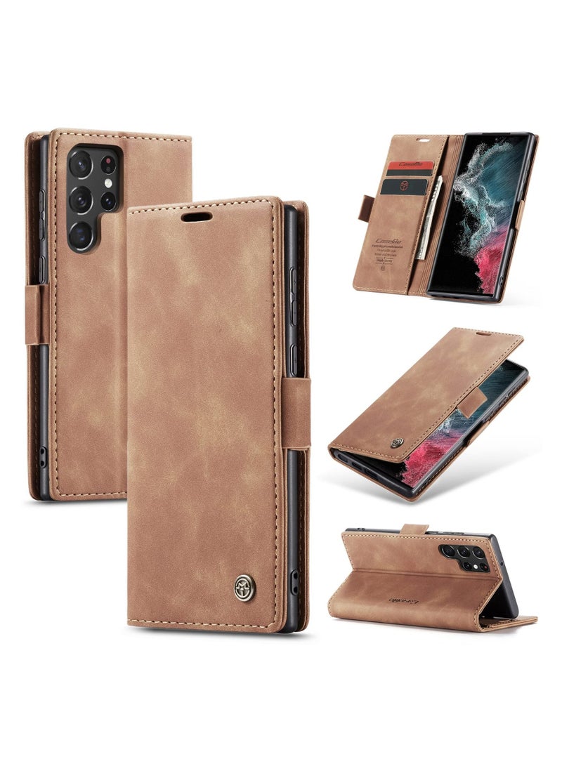 CaseMe Phone Case Luxury PU Leather Design 013 Flip Cover Card Slot Holder Cover For Samsung Galaxy S22 Ultra (Brown)  - Image 1