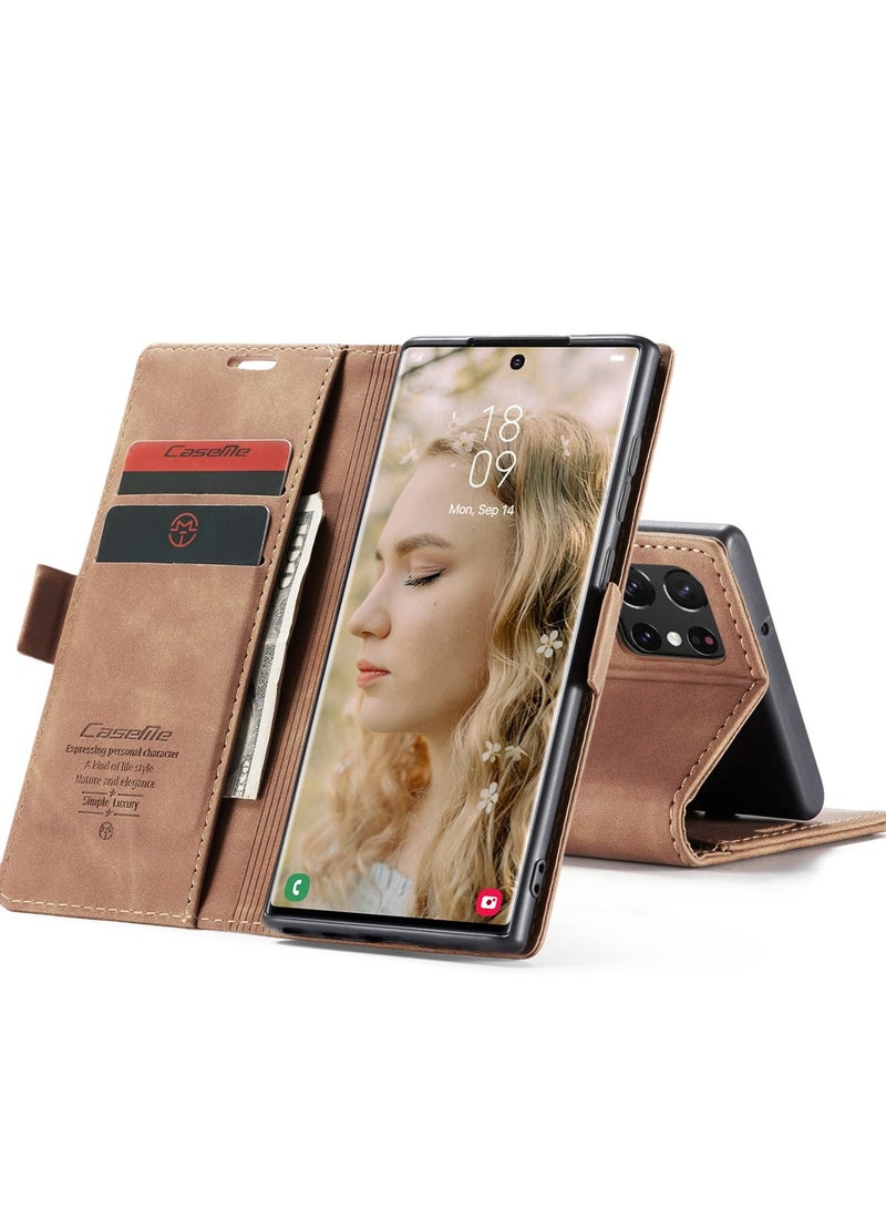 CaseMe Phone Case Luxury PU Leather Design 013 Flip Cover Card Slot Holder Cover For Samsung Galaxy S22 Ultra (Brown)  - Image 3