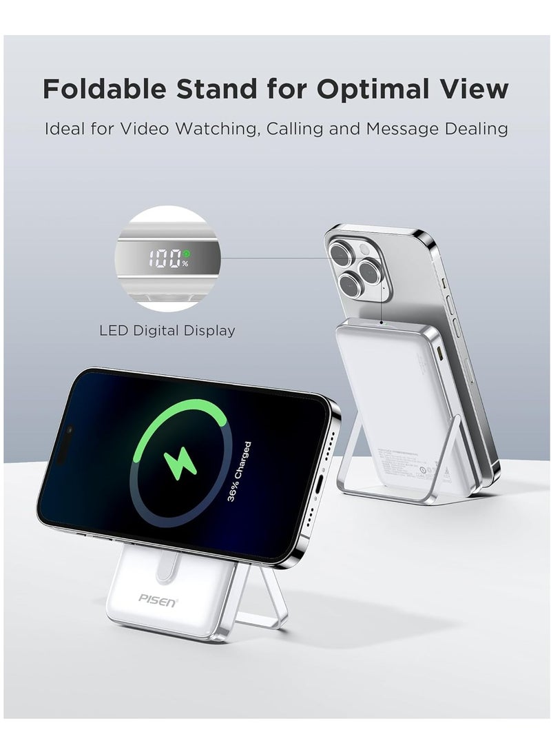 Mag-Safe Portable Power Bank - 10000mAh Wireless Foldable Charger, 30W PD Fast Charging Magnetic Battery Pack with Stand and LED Display, for iPhone 16/15/14/13/12 Pro/Pro Max/Plus/Mini Series