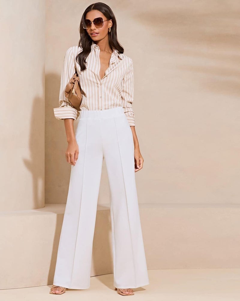 SWADESI STUFF Women’s Retro-Inspired Bell Bottom Pants – High Waist Slim Fit Flared Trousers with Stretch Fabric for Stylish and Comfortable (in, Alpha, 2XL, Regular, Standard, White) - Image 3