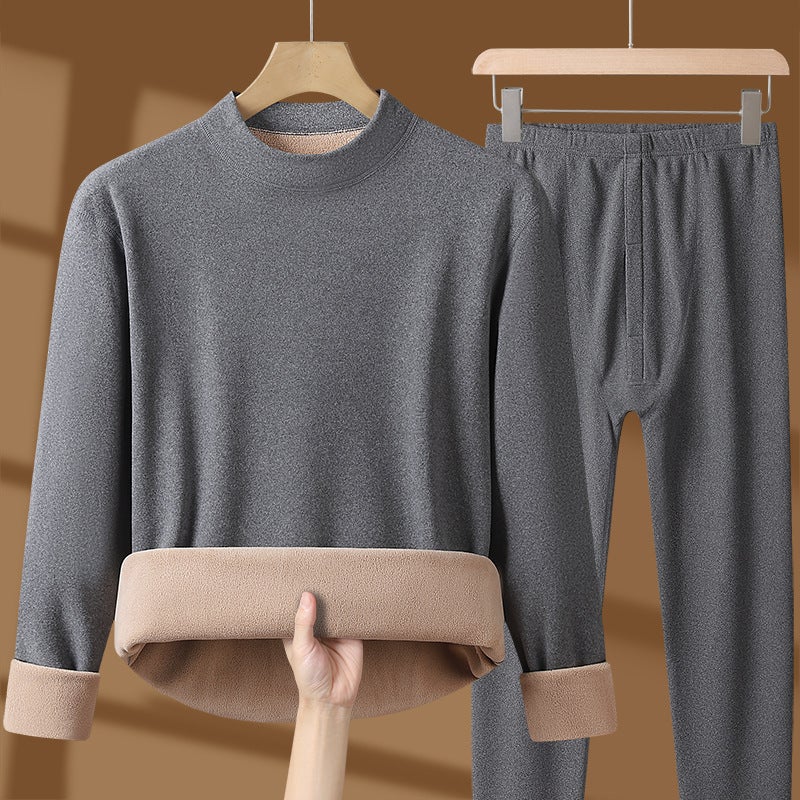 Warm Clothes Mens Thickened fleece-lined Cold-proof New Winter Womens Autumn Clothes and Autumn Trousers suit Lamb Fleece Mid-collar Light gray men's style 