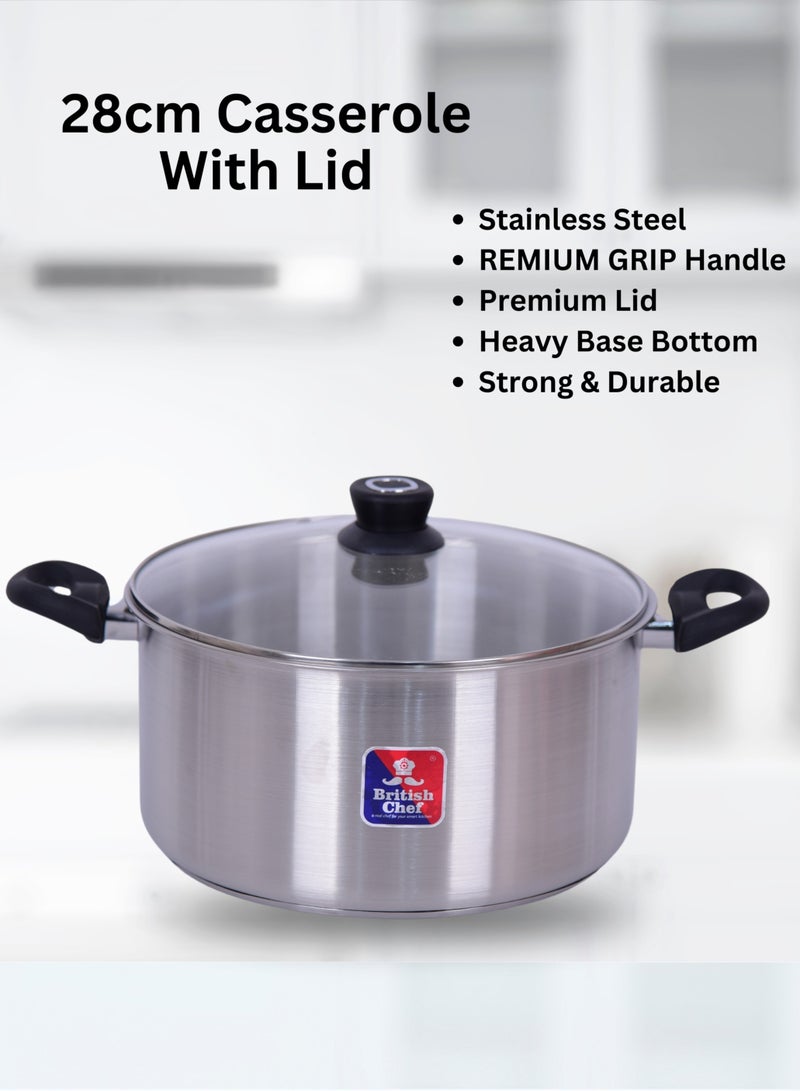 British Chef 7 Piece Stainless Steel Nonstick Cookware Set | Induction Base, Heavy Base Bottom, 28cm Casserole+Lid, 16cm Sauce Pan, 24cm Fry pan and 20cm Casserole+Lid - Image 3