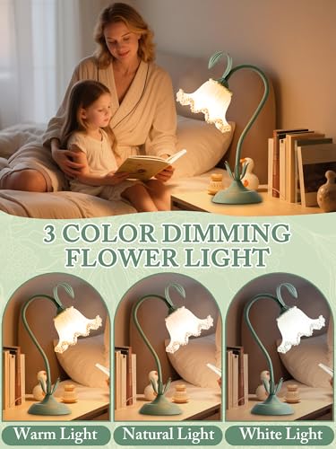 AQDZCNF Flower Table Lamp,LED Reading Light Bedside Vintage Flower Night Light,3 Colors Modes Kawaii Bedside Lamps Decor,Living Room Bedroom Room Lighting Table Lamps Home Decoration (Green Pearls) - Image 3