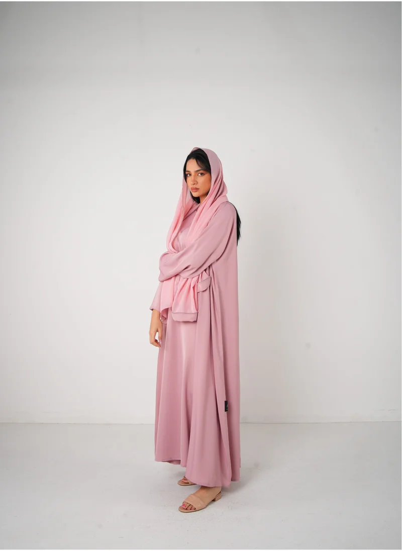 JAMEELA Baby Pink Classic Open Abaya 3 pieces Set