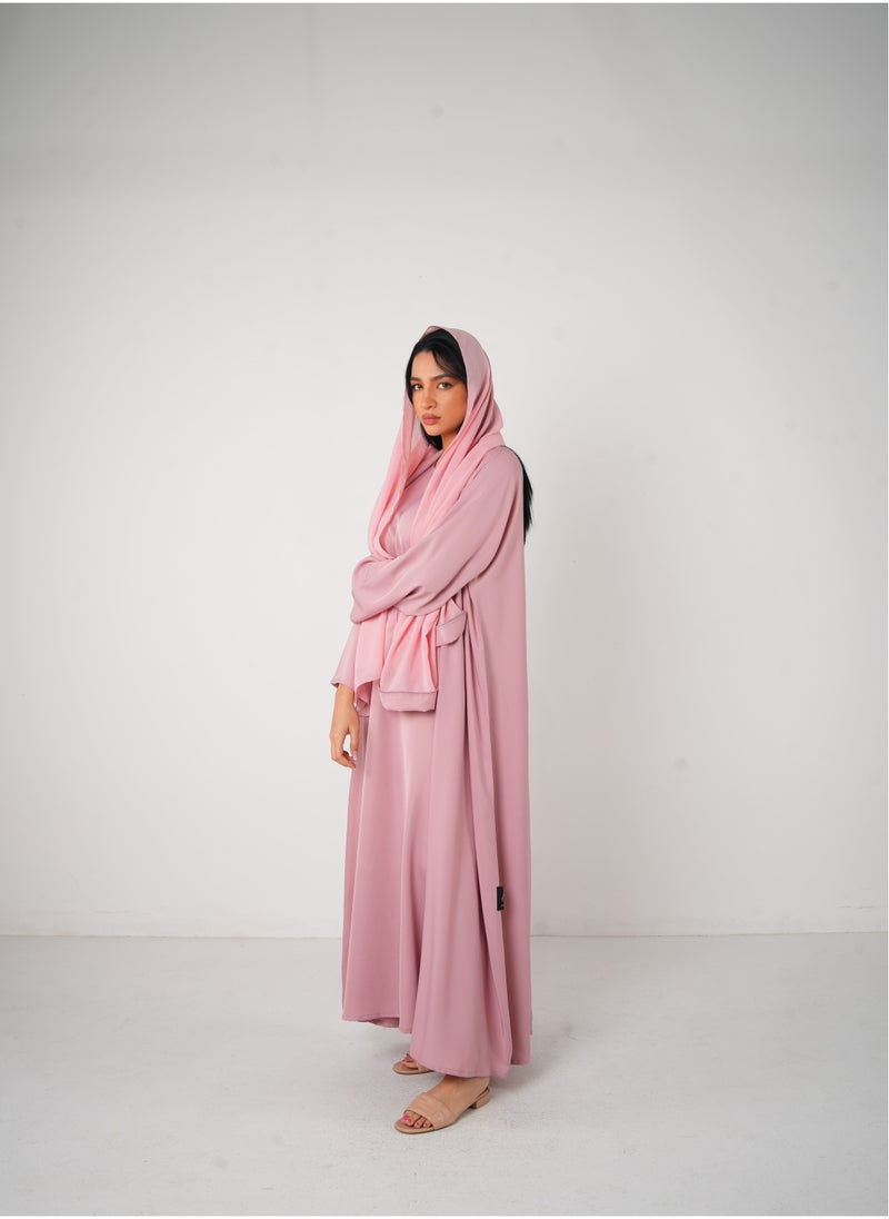 JAMEELA Baby Pink Classic Open Abaya 3 pieces Set - Image 2