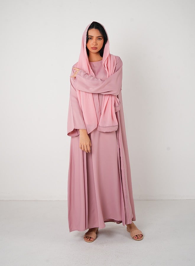 JAMEELA Baby Pink Classic Open Abaya 3 pieces Set - Image 1