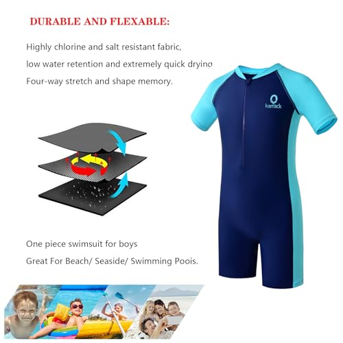 karrack Girls and Boys One Piece Rash Guard Swimsuit Kid Water Sport Short Swimsuits UPF 50+ Sun Protection Bathing Suits (Size 13-15Years) Blue - Image 4