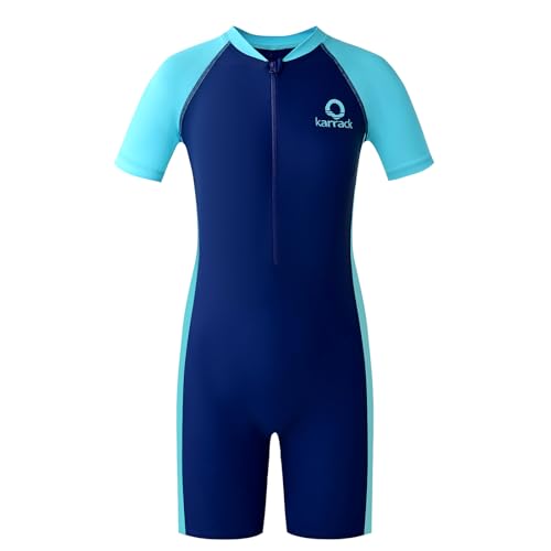 karrack Girls and Boys One Piece Rash Guard Swimsuit Kid Water Sport Short Swimsuits UPF 50+ Sun Protection Bathing Suits (Size 13-15Years) Blue - Image 1