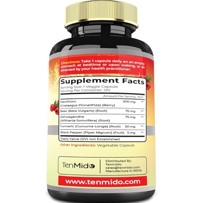 Tenmido Hawthorn Berry Supplement Extract Capsules - 120 Vegan Capsules for 4 Months - Combined Beet Root, Ashwagandha, Turmeric Curcumin & Black Pepper - Image 5