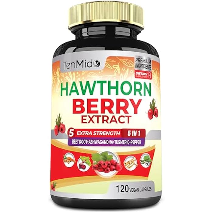 Tenmido Hawthorn Berry Supplement Extract Capsules - 120 Vegan Capsules for 4 Months - Combined Beet Root, Ashwagandha, Turmeric Curcumin & Black Pepper - Image 1