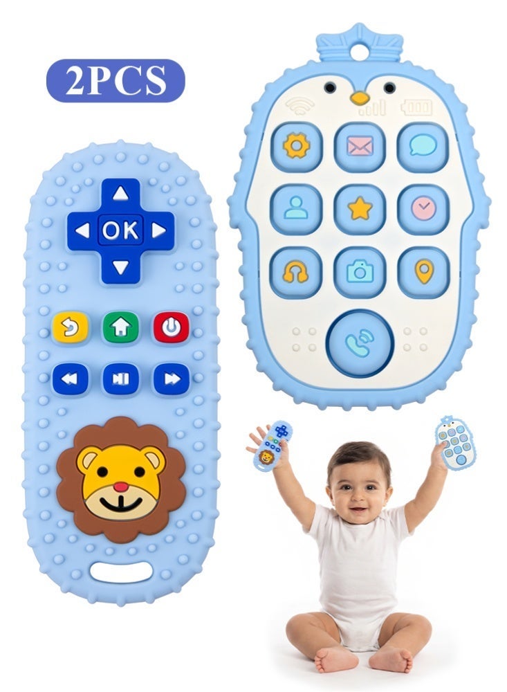 BBMORE 2 Pack Baby Teether Toy, Chew Toy, TV Remote Control and Penguin Teething Toys with Popper Buttons Relief Baby Toy For Infants Baby 6 Months+, Sensory Toys for Baby, Silicone, BPA-Free(Blue) - Image 1