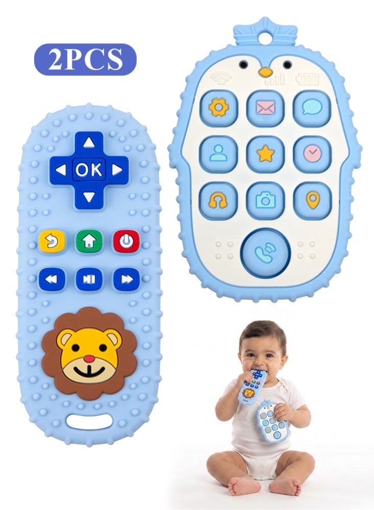 BBMORE 2 Pack Baby Teether Toy, Chew Toy, TV Remote Control and Penguin Teething Toys with Popper Buttons Relief Baby Toy For Infants Baby 6 Months+, Sensory Toys for Baby, Silicone, BPA-Free(Blue) - Image 1