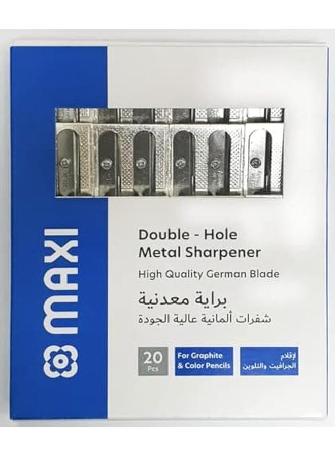ماكسي مبراة معدنية بفتحة مزدوجة في علبة بها 20 قطعة بشفرة ألمانية عالية الجودة، شحذ سلس وسهل. سهل الاستخدام - Image 2
