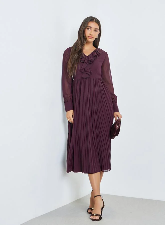 Brown Pleated Midi Dress with Ruffle Detail