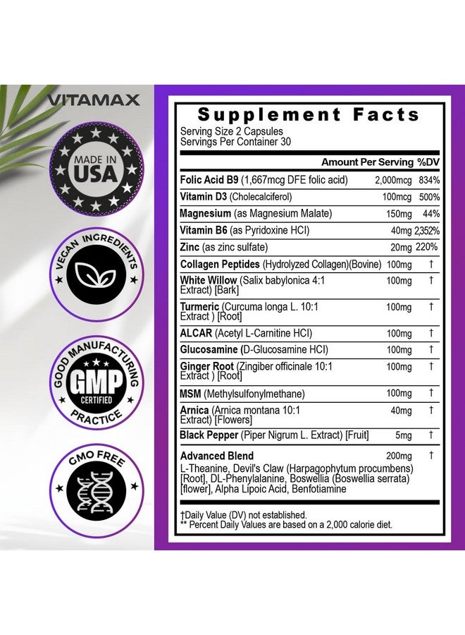 Vitamax دعم صحة العصب الوركي - كبسولات مكمل العصب الوركي مع حمض الفوليك، البازلاء، الجلوكوزامين، MSM، مركب فيتامين ب، حمض ألفا ليبويك 300 ملغ - 60 حبة - صنع في الولايات المتحدة - Image 3