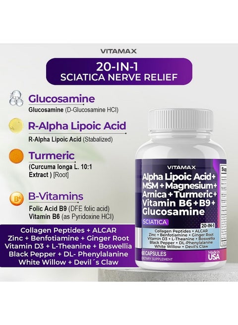 Vitamax Sciatic Nerve Health Support - Sciatic Nerve Supplement Capsules  with Folic Acid, Pea, Glucosamine, MSM, Vitamin B Complex, Alpha Lipoic Acid  300mg - 60ct - Made in USA | Best Price