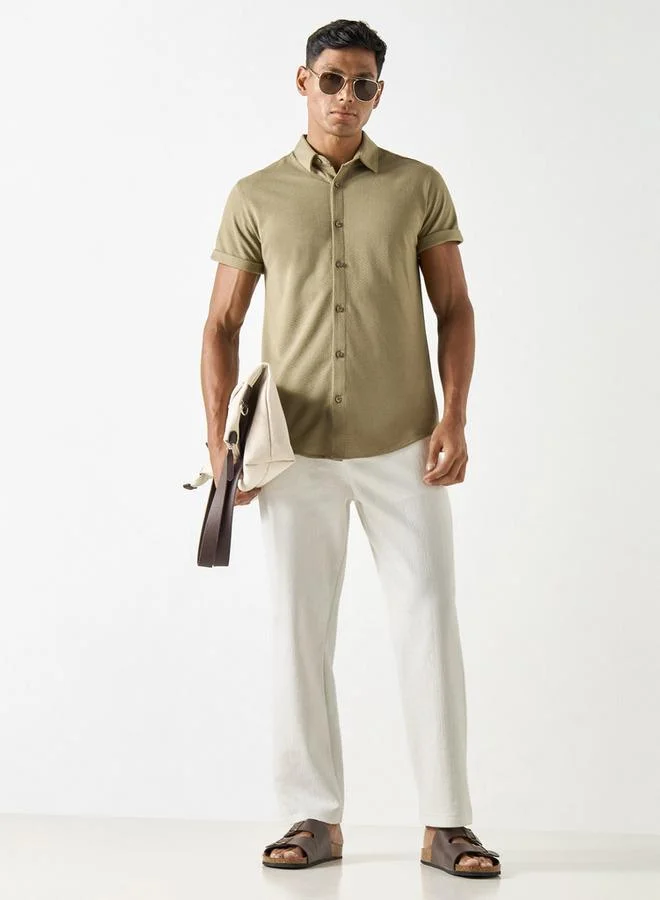 Iconic Iconic Slim Fit Textured Shirt with Short Sleeves and Button Placket