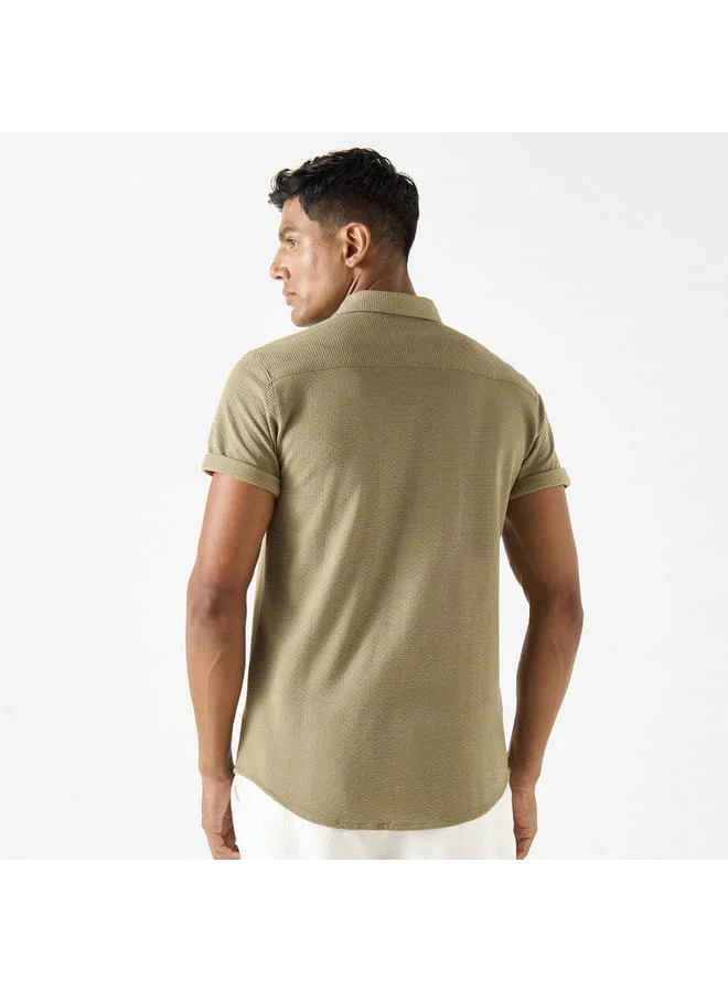 Iconic Iconic Slim Fit Textured Shirt with Short Sleeves and Button Placket