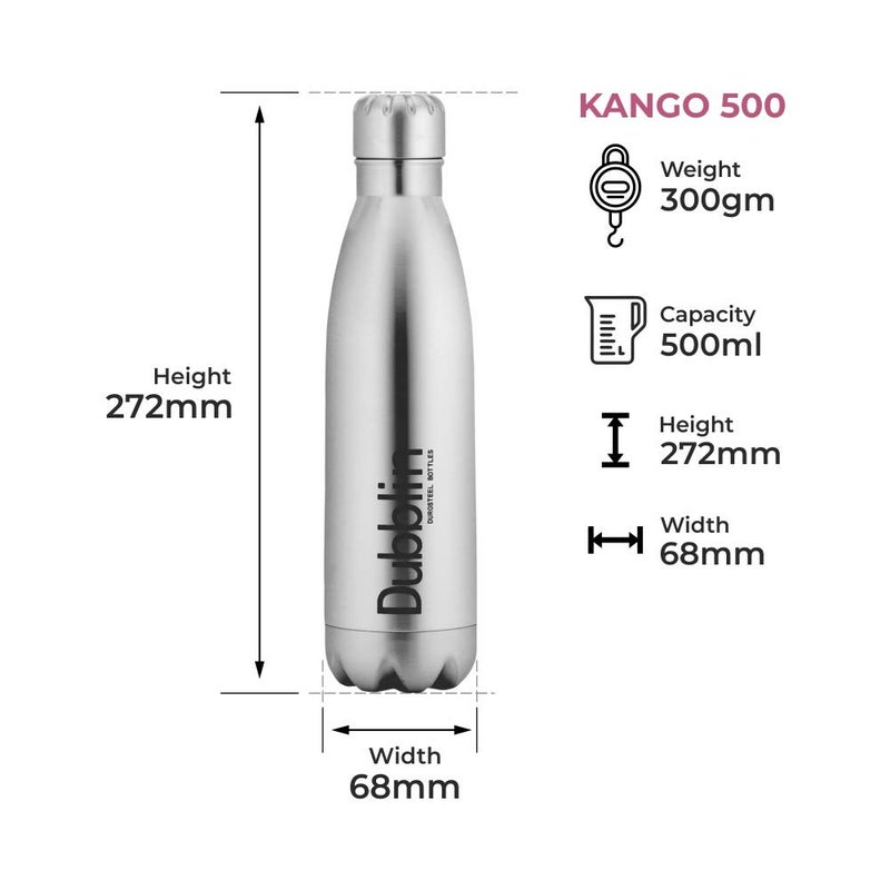Dubblin Kango Premium Stainless Steel Double Wall Vacuum Insulated BPA Free Water Bottle, Sports Thermos Flask Keeps Hot 12 Hours, Cold 24 Hours (Silver,500 ML) - Image 3