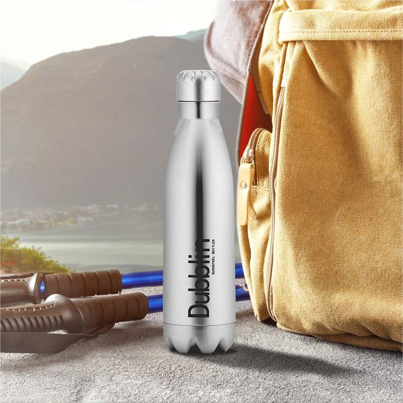 Dubblin Kango Premium Stainless Steel Double Wall Vacuum Insulated BPA Free Water Bottle, Sports Thermos Flask Keeps Hot 12 Hours, Cold 24 Hours (Silver,500 ML) - Image 1