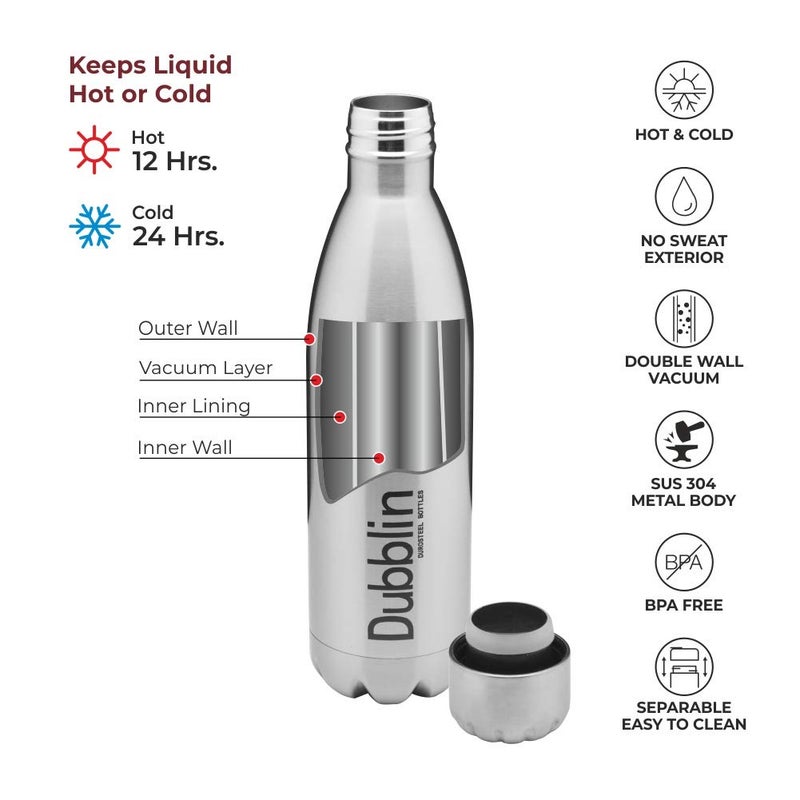 Dubblin Kango Premium Stainless Steel Double Wall Vacuum Insulated BPA Free Water Bottle, Sports Thermos Flask Keeps Hot 12 Hours, Cold 24 Hours (Silver,500 ML) - Image 2