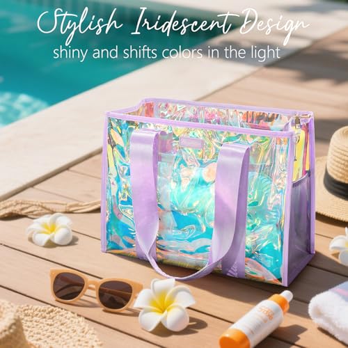 Bagstellar Beach Bags for Women, 3 PCS Large Iridescent Clear Beach Tote Bag with Zipper, Makeup Bag & Waterproof Phone Pouch Case, Sandproof Crossbody Swim Pool Bag Summer Vacation Travel Essentials - Image 3
