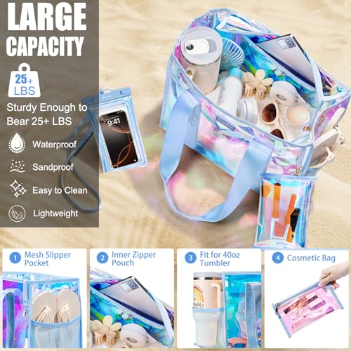 Bagstellar Beach Bags for Women, 3 PCS Large Iridescent Clear Beach Tote Bag with Zipper, Makeup Bag & Waterproof Phone Pouch Case, Sandproof Crossbody Swim Pool Bag Summer Vacation Travel Essentials - Image 4