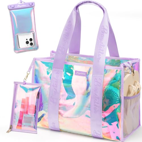 Bagstellar Beach Bags for Women, 3 PCS Large Iridescent Clear Beach Tote Bag with Zipper, Makeup Bag & Waterproof Phone Pouch Case, Sandproof Crossbody Swim Pool Bag Summer Vacation Travel Essentials - Image 1