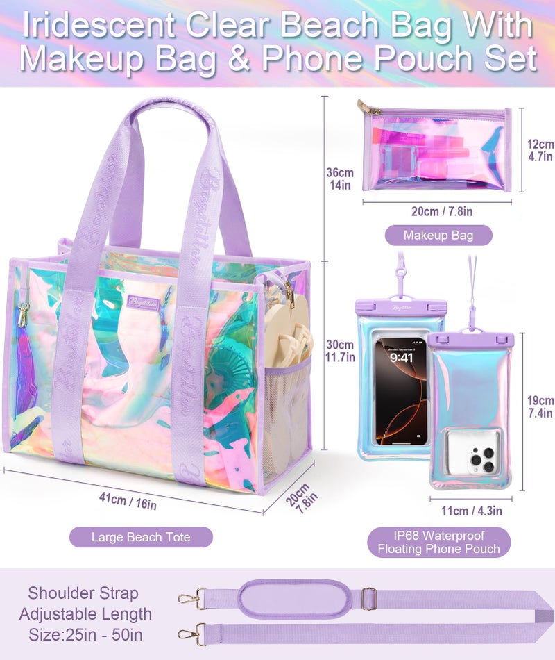Bagstellar Beach Bags for Women, 3 PCS Large Iridescent Clear Beach Tote Bag with Zipper, Makeup Bag & Waterproof Phone Pouch Case, Sandproof Crossbody Swim Pool Bag Summer Vacation Travel Essentials - Image 2