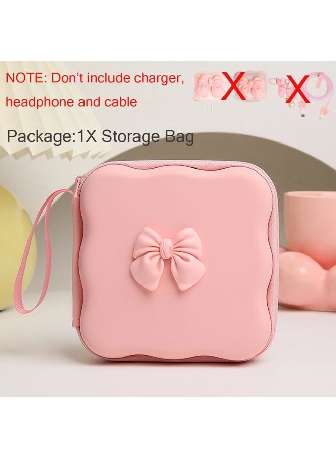 QLD COVER Charger Cover Storage Bag, Cute 3D Bow Tie Waves Design Charger Protector Travel Storage Case, Earphone Wire Saver Cable Cord Organizer Wireless Earphone Storage Box, Pink Bow - Image 2