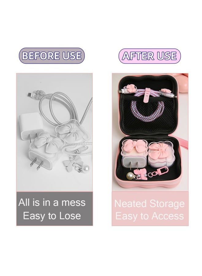 QLD COVER Charger Cover Storage Bag, Cute 3D Bow Tie Waves Design Charger Protector Travel Storage Case, Earphone Wire Saver Cable Cord Organizer Wireless Earphone Storage Box, Pink Bow - Image 3