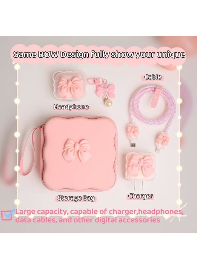 QLD COVER Charger Cover Storage Bag, Cute 3D Bow Tie Waves Design Charger Protector Travel Storage Case, Earphone Wire Saver Cable Cord Organizer Wireless Earphone Storage Box, Pink Bow - Image 4