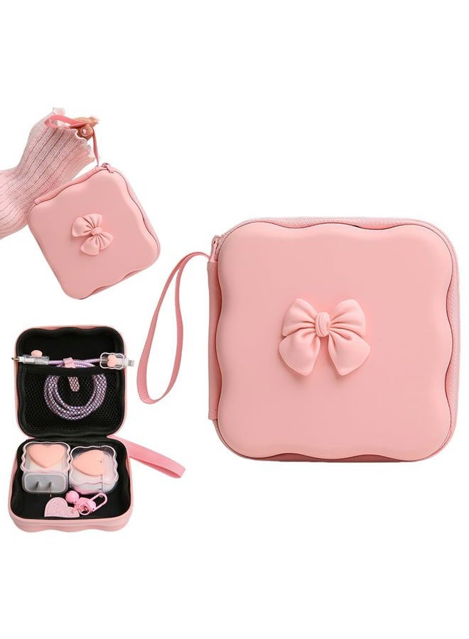 QLD COVER Charger Cover Storage Bag, Cute 3D Bow Tie Waves Design Charger Protector Travel Storage Case, Earphone Wire Saver Cable Cord Organizer Wireless Earphone Storage Box, Pink Bow - Image 1