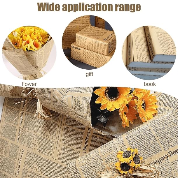 RUSPEPA 20 Sheets Kraft Newspaper Flower Wrapping Paper Reversible Floral Bouquet Paper White Kraft Newsprint Design for Birthday Florist Supply Wedding Valentines Day Mothers Day and DIY - Image 3