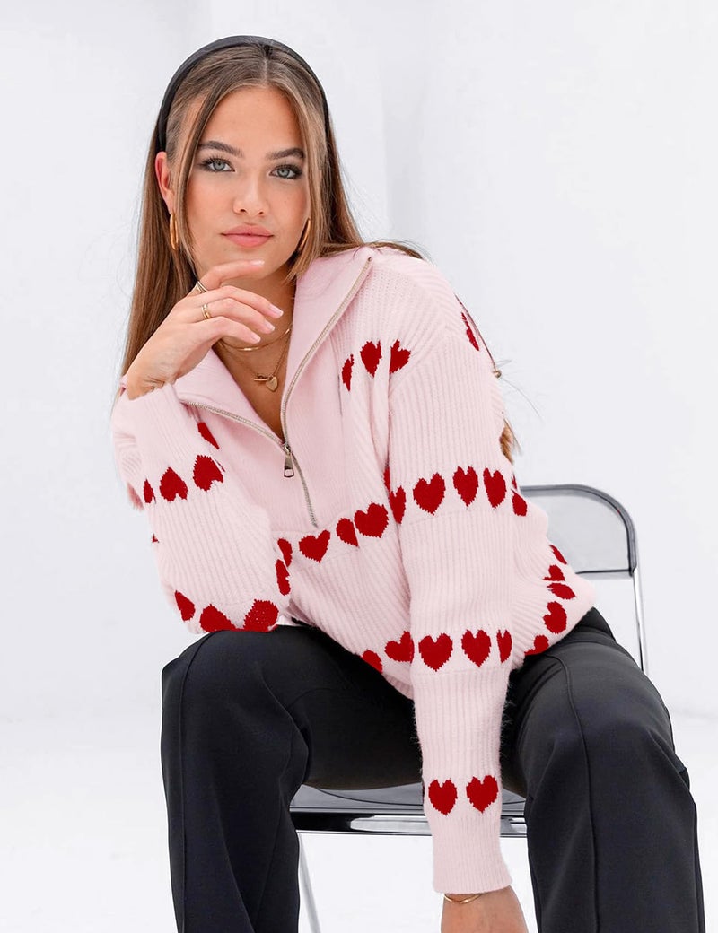 Yimoon Heart Sweater for Women Valentines Day Sweater Oversized Quarter Zip Knit Pullover Cute Chunky Knitwear(Pink-M) - Image 3