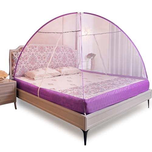 Onlinetree Mosquito net for King Size Bed | Mosquito net Double Bed | Bed Queen Size Foldable Machardani | Polyester 30GSM Strong Net | PVC Coated Corrosion Resistant Steel Wire - Purple - Image 1
